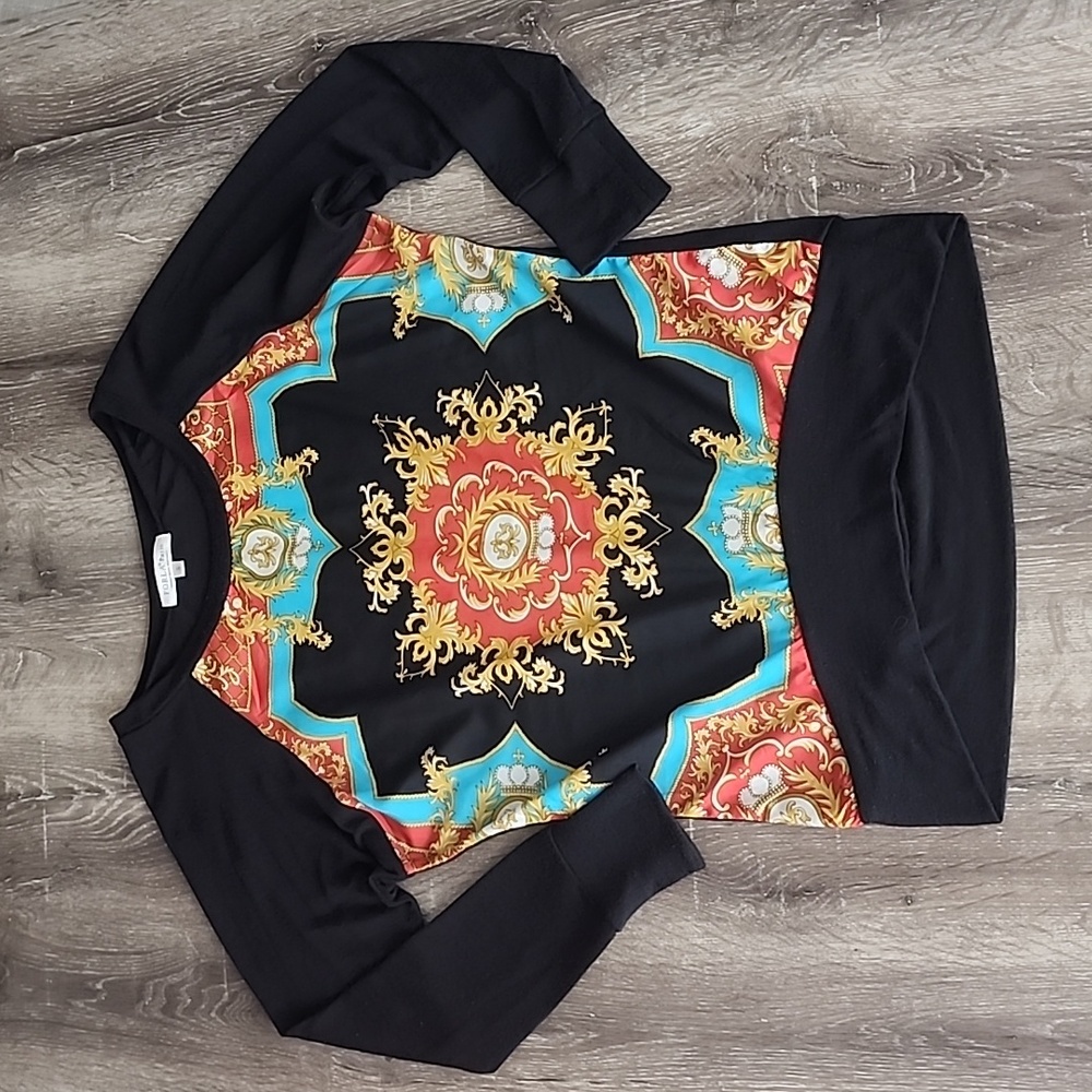 Y2K Forla Paris Design Regal Garland Print Mixed Media Long Sleeve Top Small